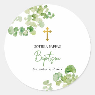 Pegatina Redonda Christening Baptism Boy Chica Watercolor Greenerat