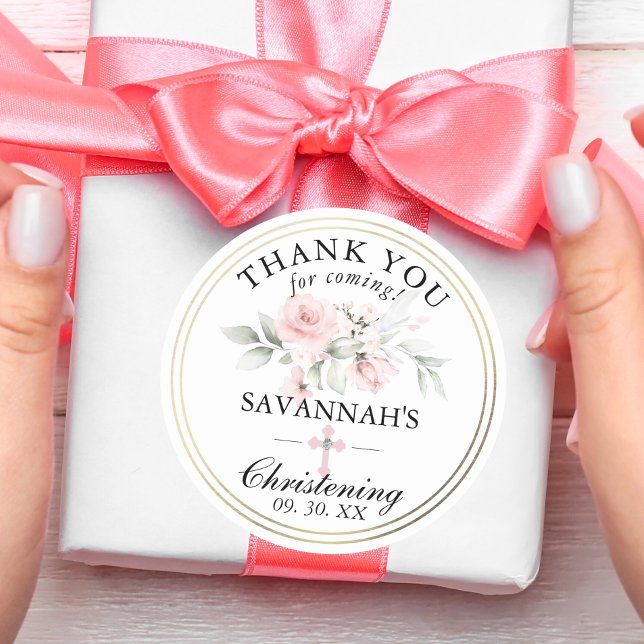 Pegatina Redonda Christening Chica Rosado Floral Gracias (Floral Pink Girl Christening / Baptism Thank You Classic Round Sticker for gifts, favors, bags, etc.)
