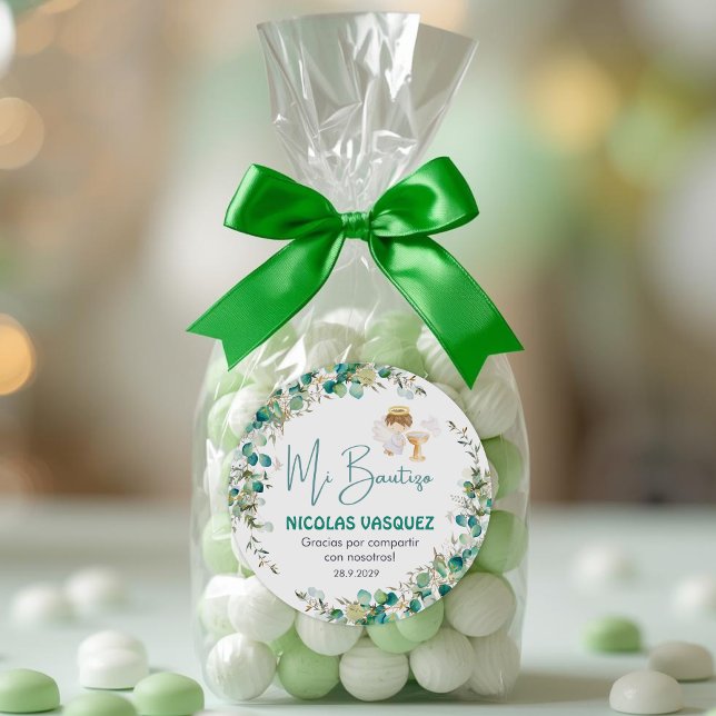Pegatina Redonda Christening Favors Cute Boy Angel & Green Flowers (Subido por el creador)