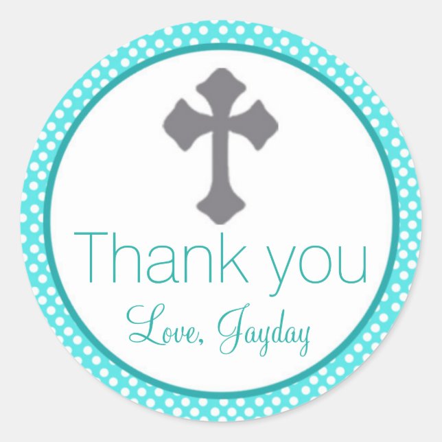 Pegatina Redonda Christening Turquoise Label Cross Baptism Favor (Anverso)