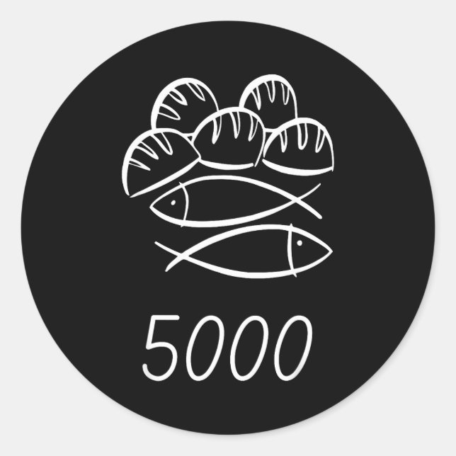 Pegatina Redonda Christian Bible Jesus 2 Fishes 5 Breads Feed 5000  (Anverso)