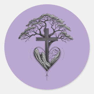Pegatina Redonda Christian Cross Tree Mountain Heart Sticker