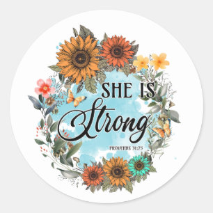 Pegatina Redonda Christian Proverbs 31 Ella es Fuerte Girasoles 