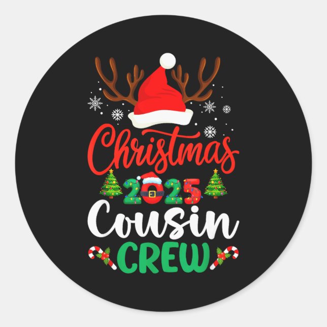 Pegatina Redonda Christmas 2025 Cousin Crew Pajamas Xmas Lights Fam (Anverso)