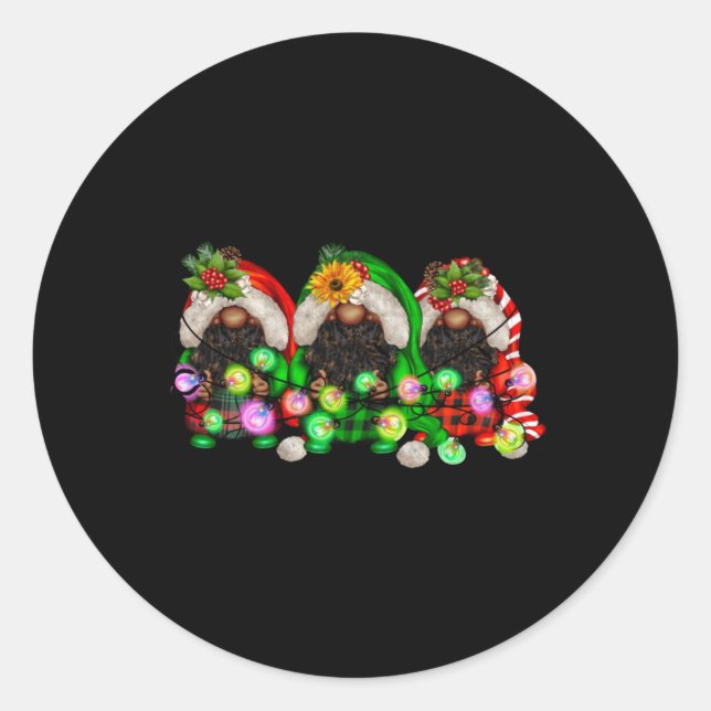 Pegatina Redonda Christmas Afro African American Black Gnomes Xmas  (Anverso)