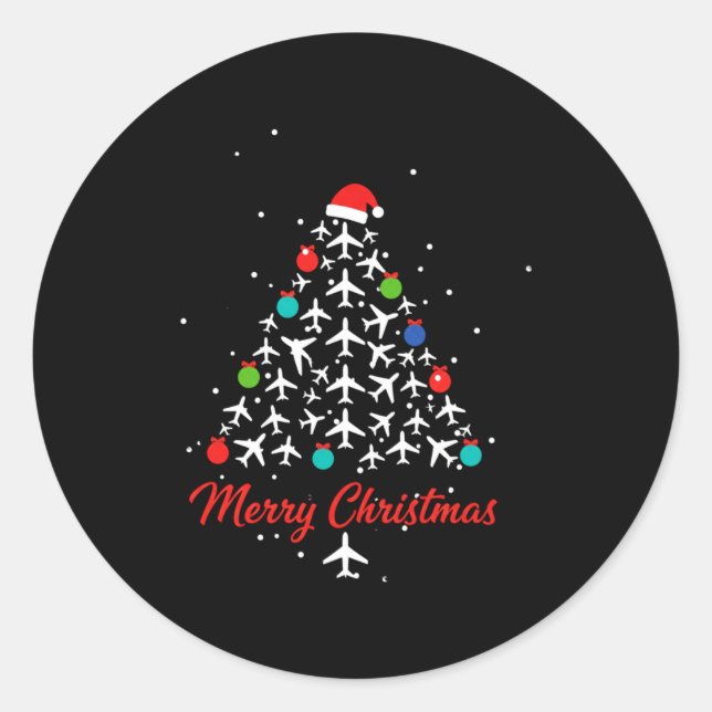 Pegatina Redonda Christmas Airplane Tree Merry Christmas Lot Travel (Anverso)
