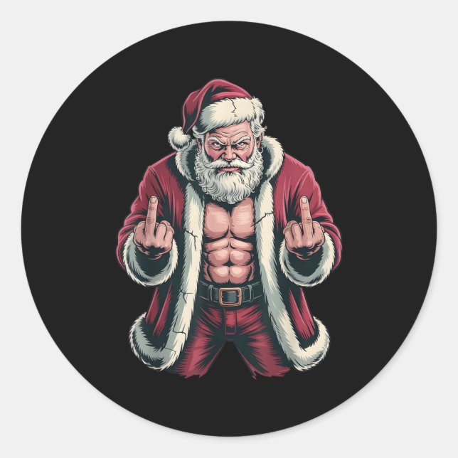 Pegatina Redonda Christmas Angry Santa Middle Finger Sarcastic Xmas (Anverso)