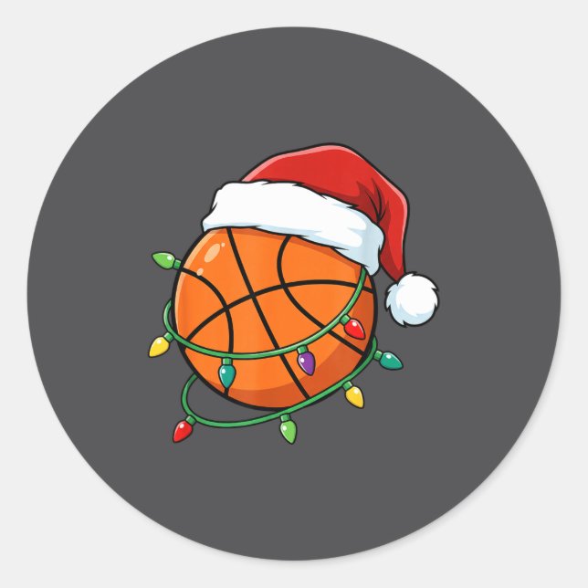 Pegatina Redonda Christmas Basketball Santa Hat Wrapped In Lights H (Anverso)