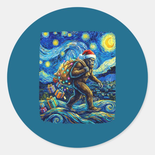 Pegatina Redonda Christmas Bigfoot Santa Hat Van Gogh Starry Night  (Anverso)
