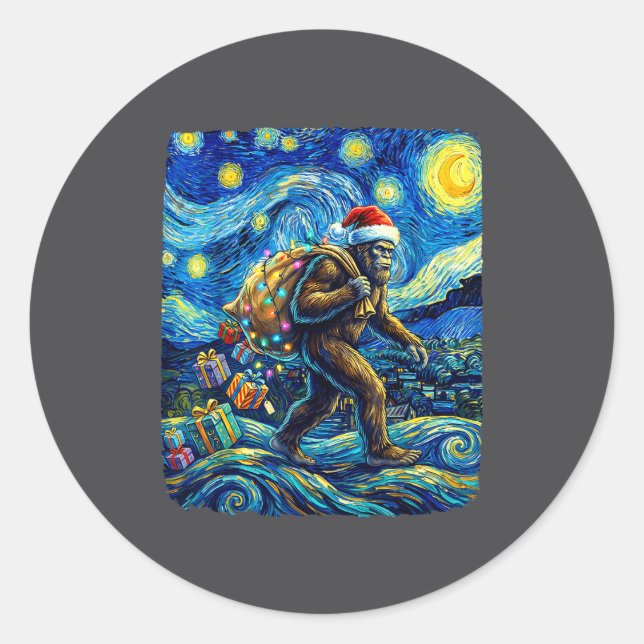 Pegatina Redonda Christmas Bigfoot Santa Hat Van Gogh Starry Night  (Anverso)