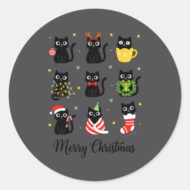 Pegatina Redonda Christmas Black Cats Merry Christmas Cute Holiday  (Anverso)