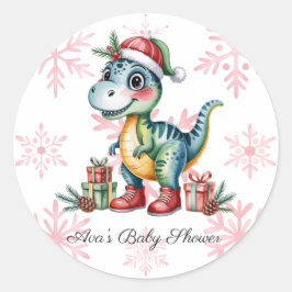 Pegatina Redonda Christmas Blue Dino and Presents Boy Baby Shower
