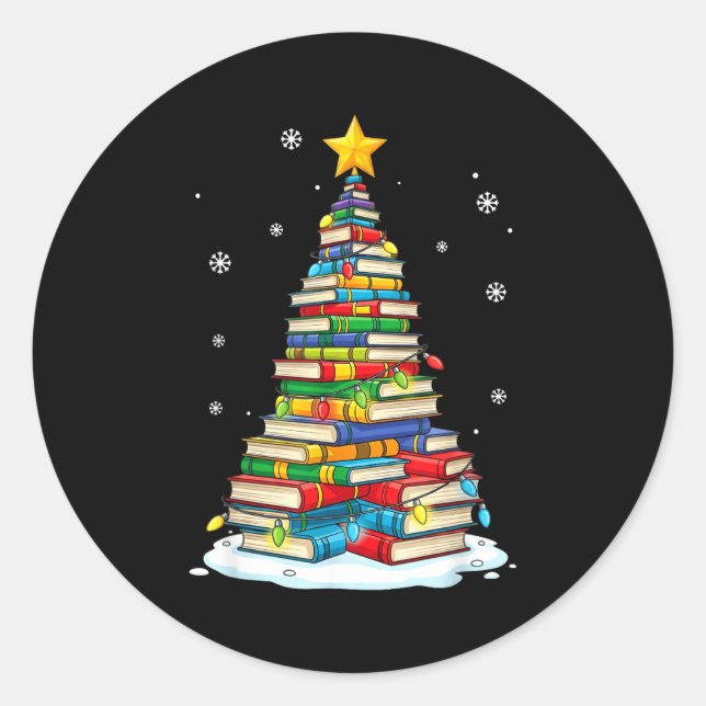 Pegatina Redonda Christmas Book Tree Funny Librarians Books Lover  (Anverso)