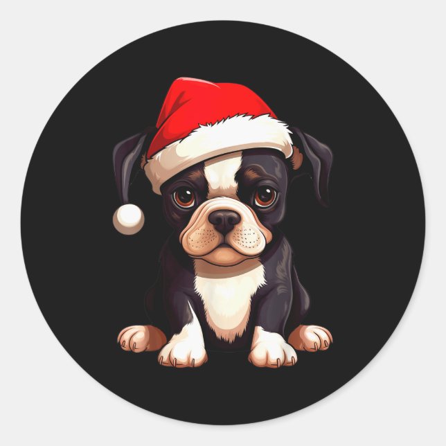 Pegatina Redonda Christmas Boston Terrier Dog Santa Hat Funny Xmas  (Anverso)