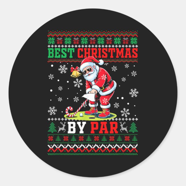 Pegatina Redonda Christmas By Par Santa Sweater Playing Golf Golfer (Anverso)