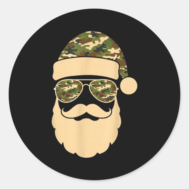 Pegatina Redonda Christmas Camo Santa Sungles Hat Beard Cool Milita (Anverso)