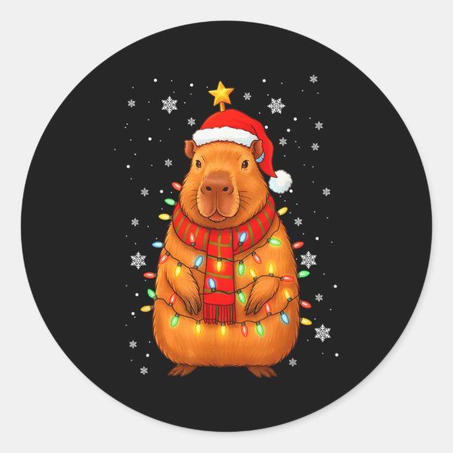 Pegatina Redonda Christmas Capybara With Santa Hat Xmas Lights Tree (Anverso)