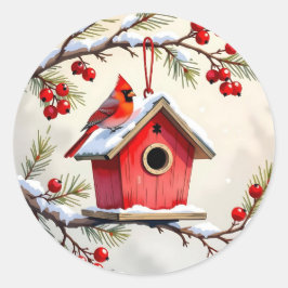 Pegatina Redonda Christmas Cardinal Birdhouse snowy pine branch 