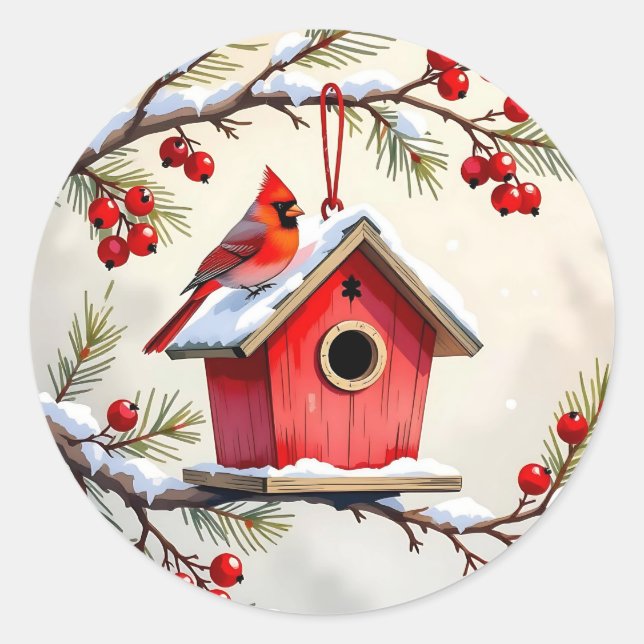 Pegatina Redonda Christmas Cardinal Birdhouse snowy pine branch  (Anverso)