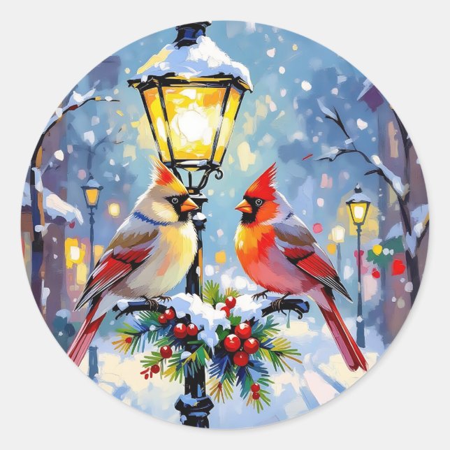 Pegatina Redonda Christmas Cardinals and Snowy Lamppost (Anverso)