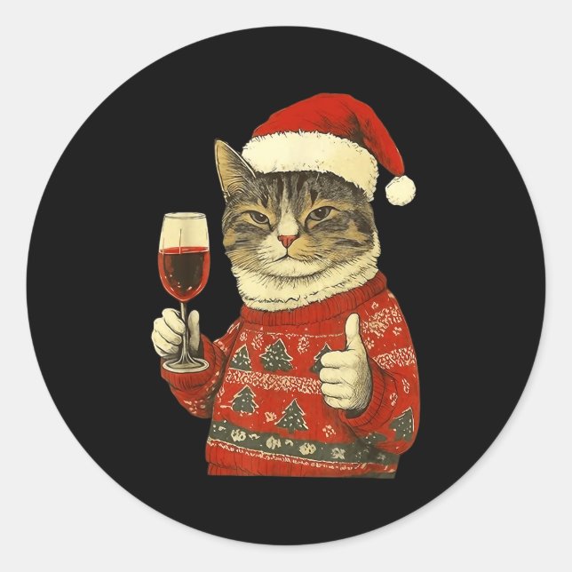 Pegatina Redonda Christmas Cat Likes Cute Cat Drinking Wine With Sa (Anverso)