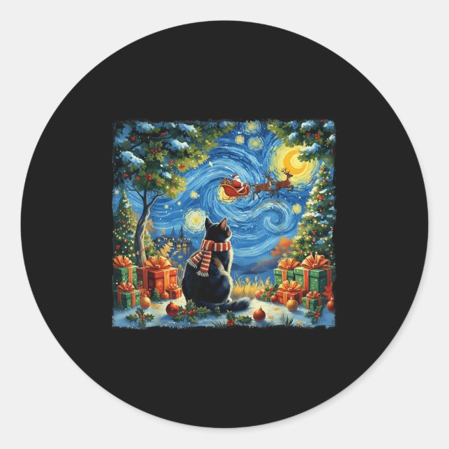 Pegatina Redonda Christmas Cat Starry Night Holiday Van Gogh Xmas S (Anverso)