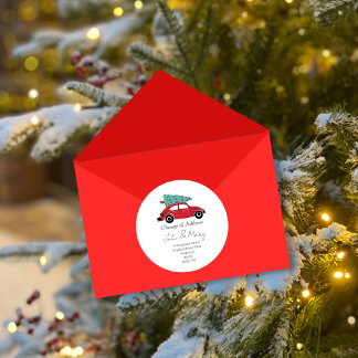 Pegatina Redonda Christmas Change of Address Sticker | Red Car with