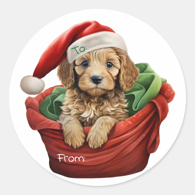 Pegatina Redonda Christmas Cockapoo Puppy Sticker (Anverso)
