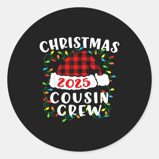 Pegatina Redonda Christmas Cousin Crew 2025 Plaid Santa Hat Xmas Li (Anverso)
