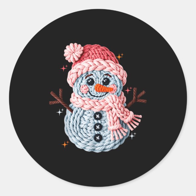 Pegatina Redonda Christmas Crochet Faux Yarn Crochet Snowman Funny  (Anverso)