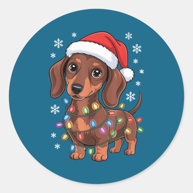 Pegatina Redonda Christmas Dachshund Lights Santa Hat Holiday Dog L (Anverso)