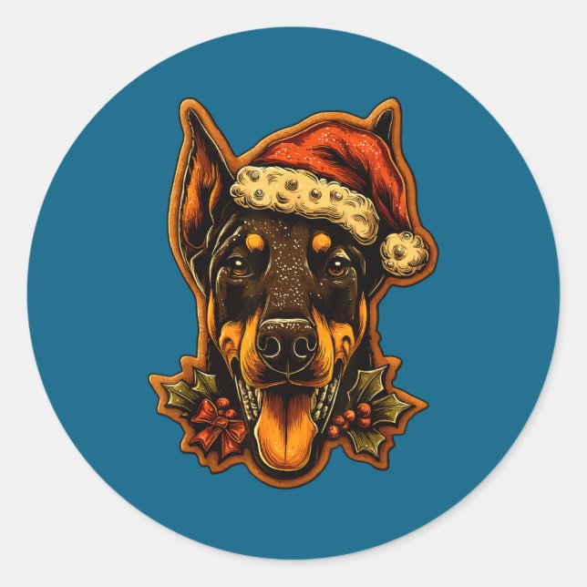 Pegatina Redonda Christmas Doberman Dog With Santa Hat Gingerbread  (Anverso)