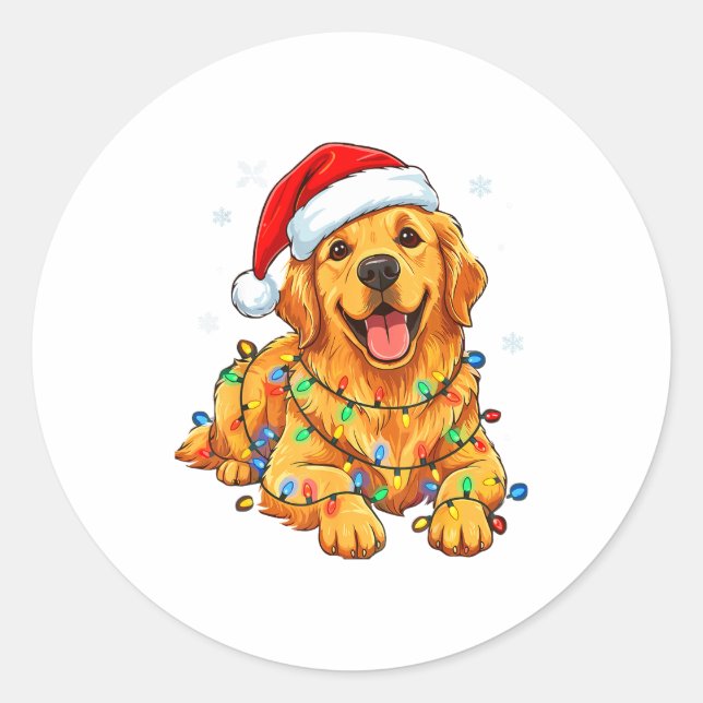 Pegatina Redonda Christmas Dog Golden Retriever Lights Xmas  (Anverso)