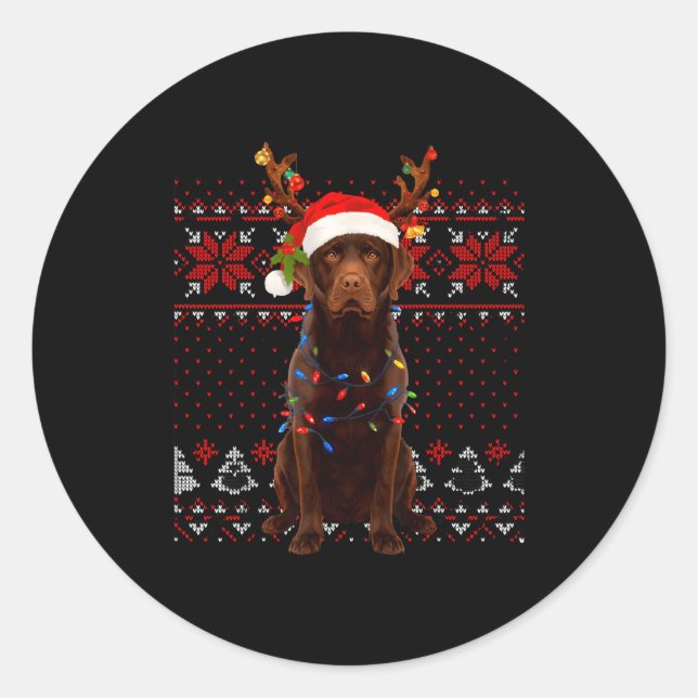 Pegatina Redonda Christmas Dog With Hat And Lights - Funny Holiday  (Anverso)