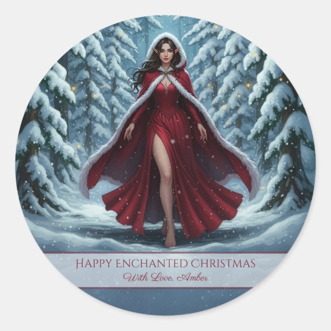 Pegatina Redonda Christmas Elf in Red in Winter Forest Magnet Card (Anverso)