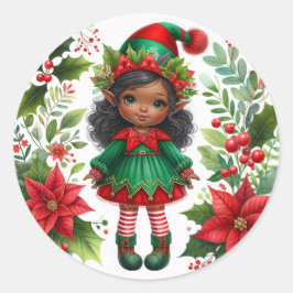 Pegatina Redonda Christmas Elf With Brown Skin Holiday