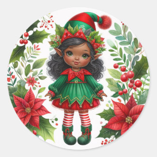 Pegatina Redonda Christmas Elf With Brown Skin Holiday