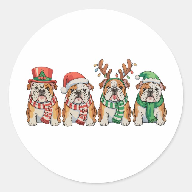 Pegatina Redonda Christmas English Bulldog Dog Santa Hat Reindeer (Anverso)