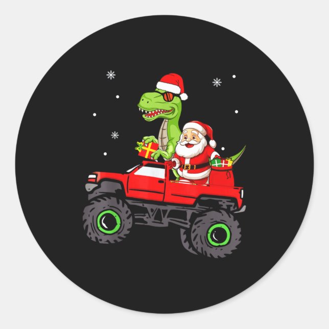 Pegatina Redonda Christmas Family Matching Santa Truck Dinosaur Boy (Anverso)