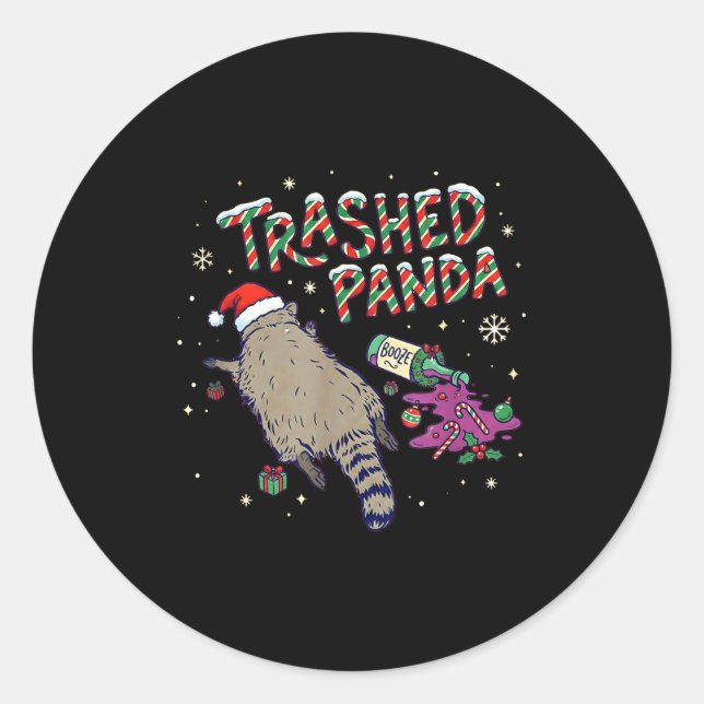 Pegatina Redonda Christmas Funny Trashed Panda Racoon Gets Drunk Xm (Anverso)