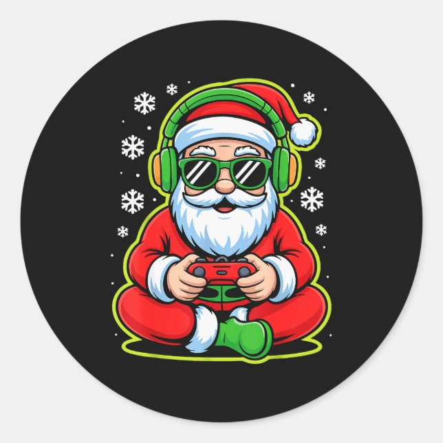 Pegatina Redonda Christmas Gamer Boys Kids Santa Play Video Game  (Anverso)