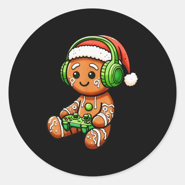 Pegatina Redonda Christmas Gamer Gingerbread Santa Hat Xmas Gaming  (Anverso)
