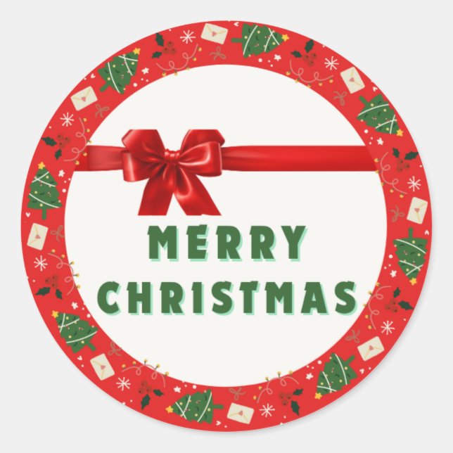 Pegatina Redonda Christmas Gift Wrapping Sticker | Red Wreath & Rib (Anverso)