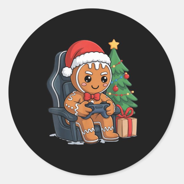 Pegatina Redonda Christmas Gingerbread Gamer Chair Holiday Gaming B (Anverso)