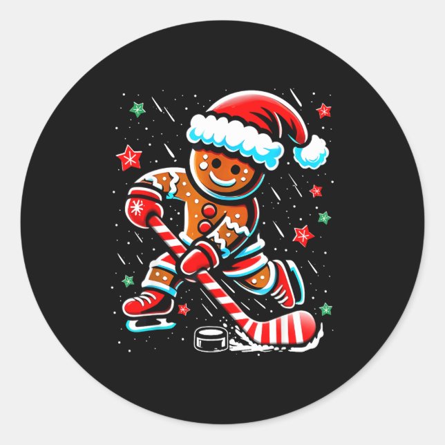 Pegatina Redonda Christmas Gingerbread Ice Hockey Srts Funny Xmas P (Anverso)