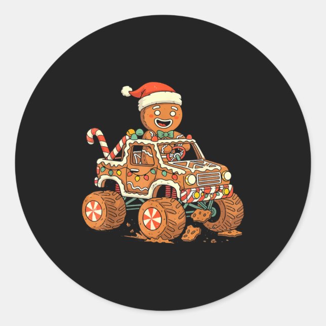 Pegatina Redonda Christmas Gingerbread Man Driving Truck Xmas Light (Anverso)