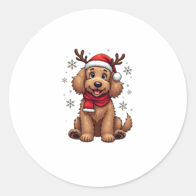 Pegatina Redonda Christmas Goldendoodle Dog Reindeer Holiday Doodle (Anverso)