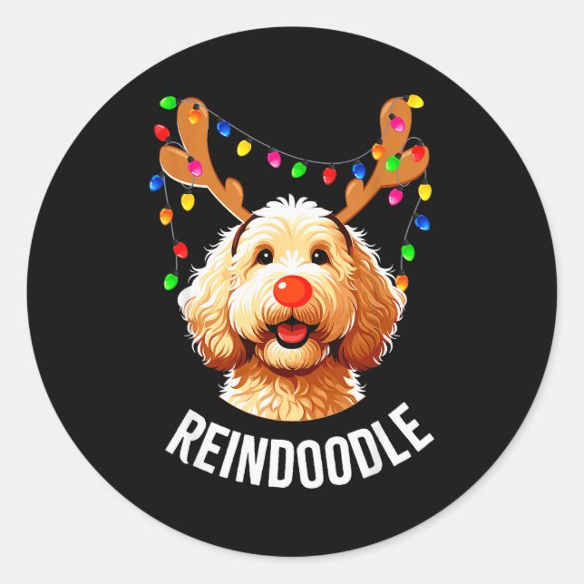 Pegatina Redonda Christmas Goldendoodle Reindeer Doodle Dog Reindoo (Anverso)