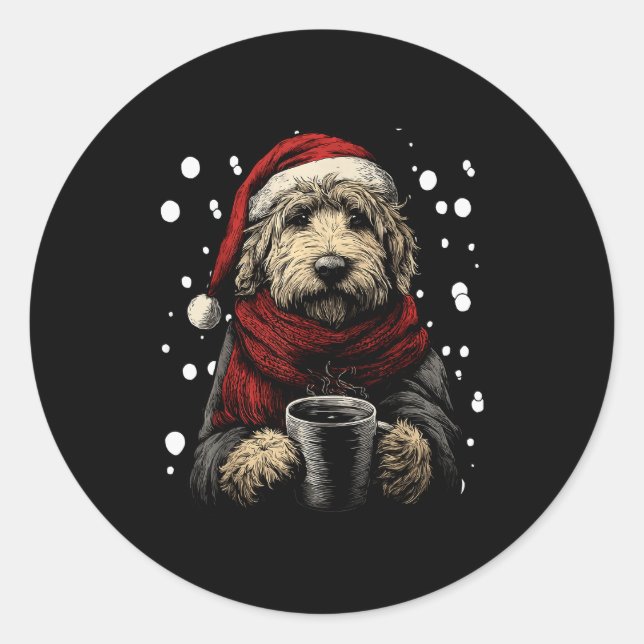 Pegatina Redonda Christmas Goldendoodle Santa Hat Coffee Lover Funn (Anverso)