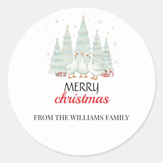 Pegatina Redonda Christmas Goose Holiday Tree Family Sticker (Anverso)